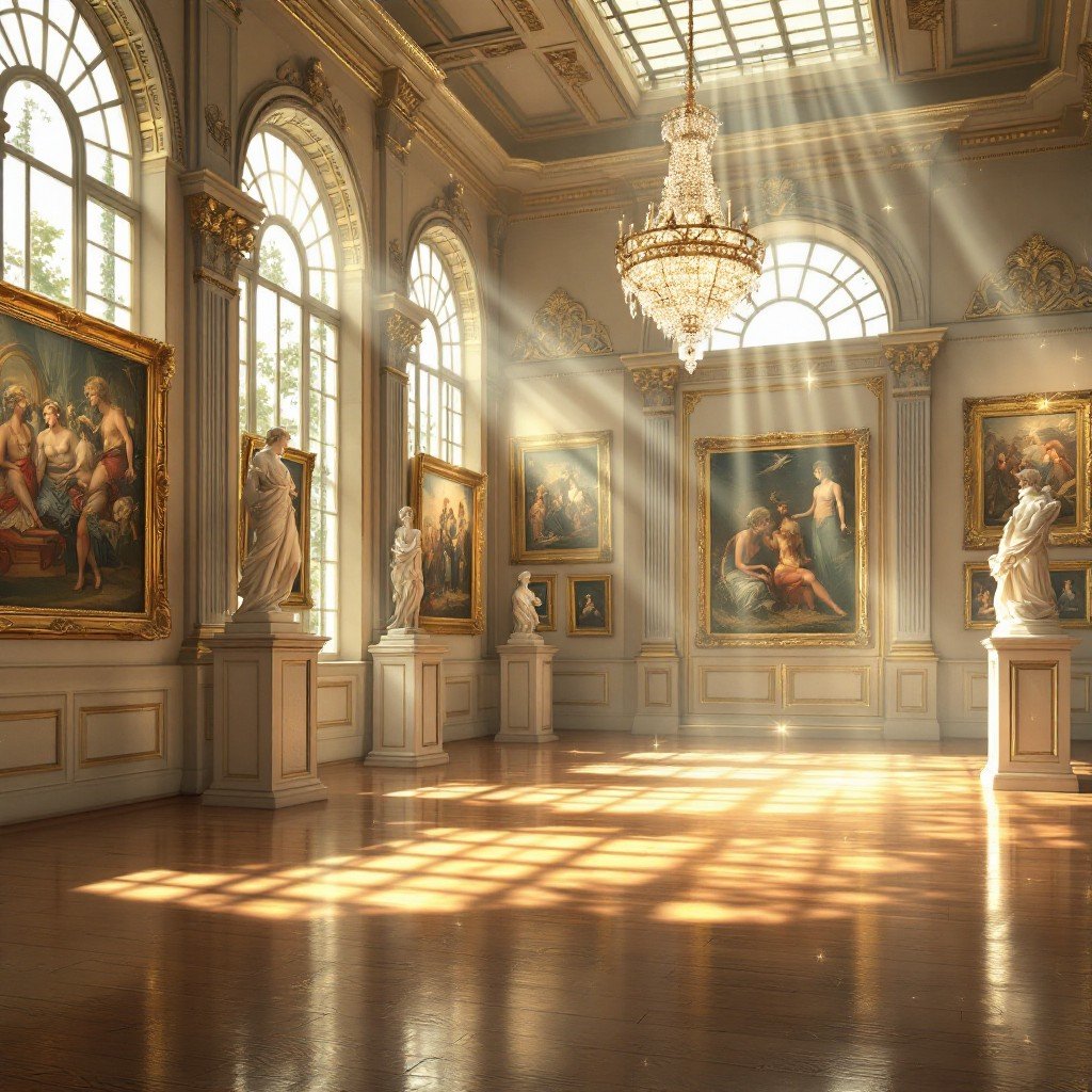 gold framed oil paintings in luxury european gallery interior with vintage wall art decor